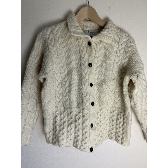 Vtg Wool Fisherman Chunky Cable Knit Ivory Classic Cardigan Sweater Small S - Picture 2 of 5